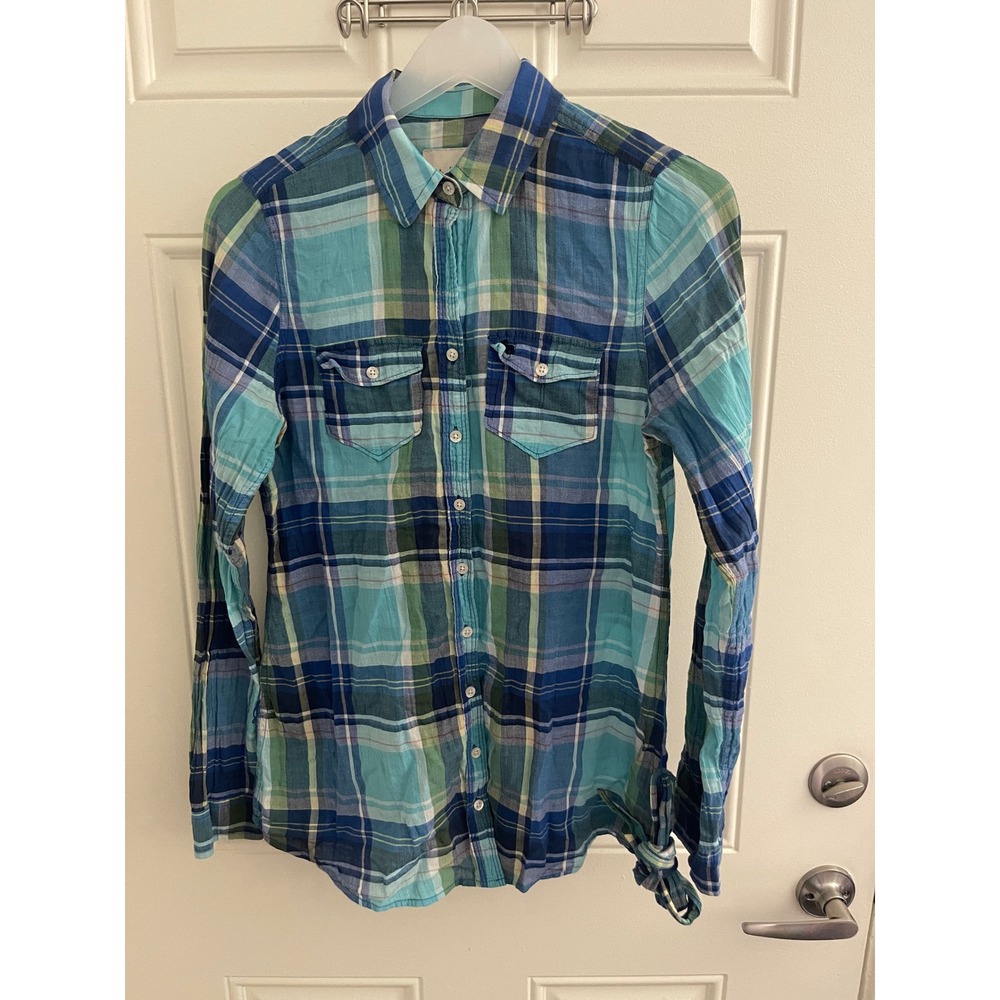 Abercrombie & Fitch Blue Green Plaid Button Down Shirt Side Tie Small